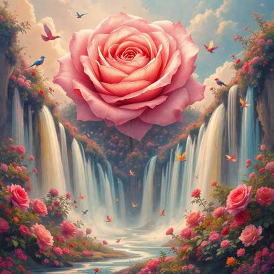 Primary subject: A large pink rose with a heart-shaped center, surrounded by a waterfall and birds.

Setting/background: The rose is situated in a lush garden, with a waterfall in the background and a variety of birds flying around.

Visual style: The image is a digital artwork, featuring a vibrant color palette and intricate details.

Colors and mood: The dominant colors are pink and green, creating a serene and romantic atmosphere.